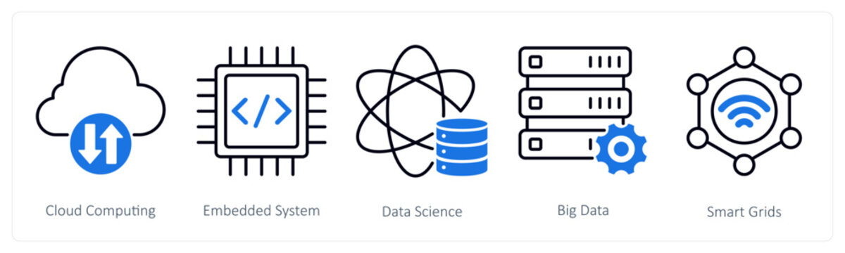 A set of 5 Industrial icons as cloud computing, embedded system, data science
