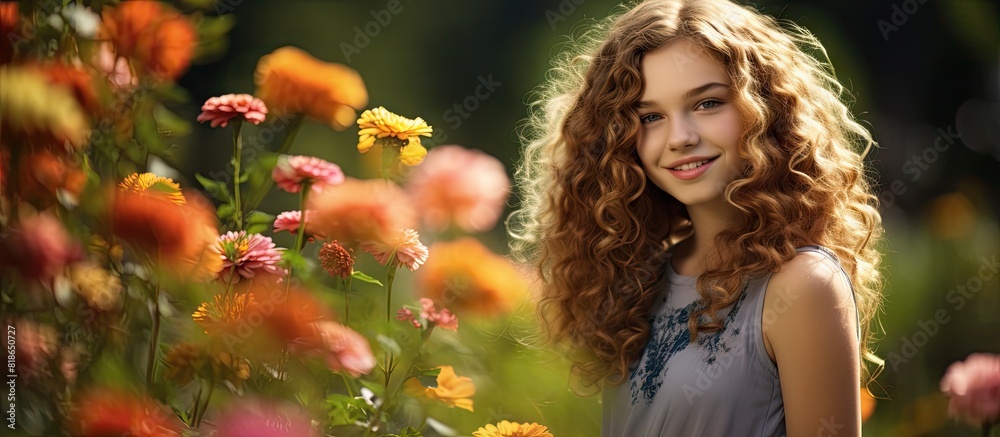Poster A charming young girl with curly hair gracefully poses for a photo while strolling amidst vibrant flowers in a natural setting creating an image with ample copy space