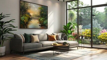 A Scandinavian-style living room featuring a minimalist white sofa, a large monochrome painting of a serene forest scene framed on the wall