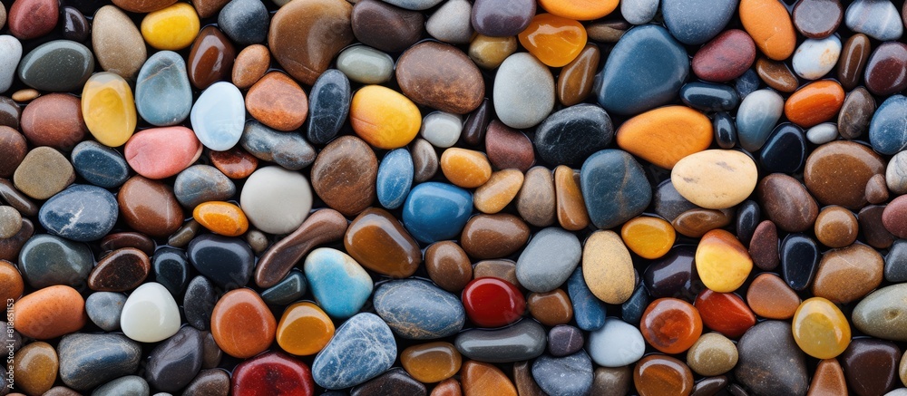 Aufkleber Close up image of wet colorful pebbles on the beach creating a vibrant and textured background Copy space available