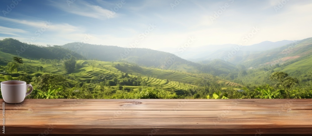 Aufkleber copy space image of an empty wooden table overlooking a picturesque mountain or a wooden desk surrou