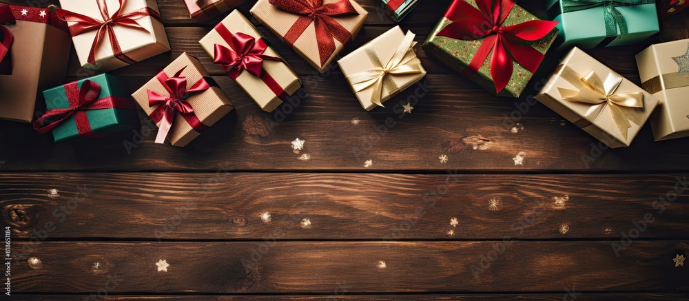 Aufkleber a top down view of gift boxes surrounded by colorful packages adorned with red and green ribbons the