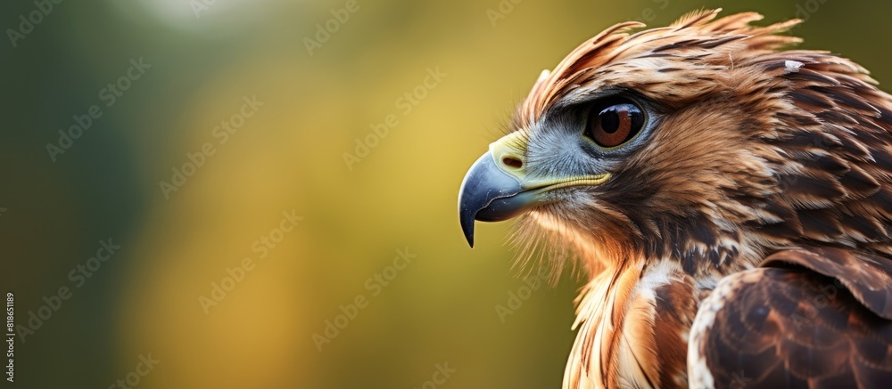 Poster closeup of a beautiful hawk staring into the copy space image