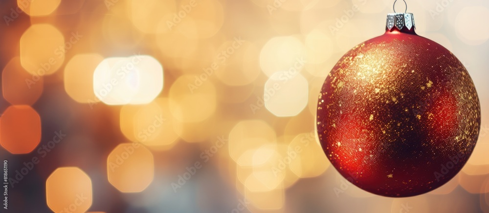 Poster A Christmas ball hangs on a mesmerizing background composed of blurred Bokeh lights. with copy space image. Place for adding text or design