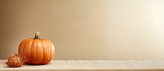 Autumn themed copy space image featuring a round pumpkin placed on a linen tablecloth symbolizing the harvest season