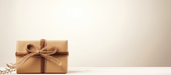 A copy space image of a brown gift box and rope against a white backdrop