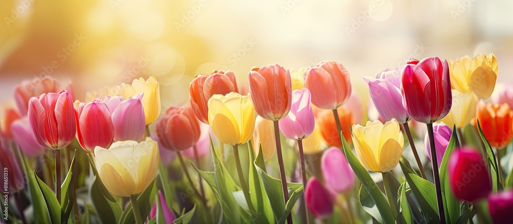 Poster The garden is filled with vibrant tulip flowers creating a colorful and visually appealing scene Enjoy a lovely day surrounded by this beautiful copy space image