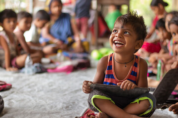 Happy Anganwadi School boy Holding Slate and smiling at school