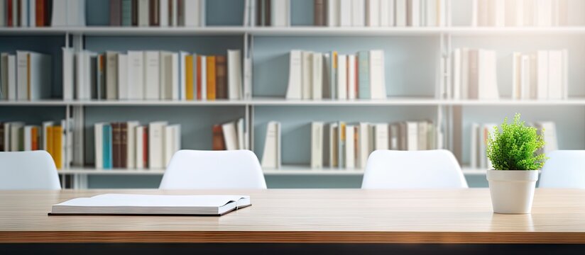 A study room with a blurred background features a white table adorned with books stationery and a copy space image