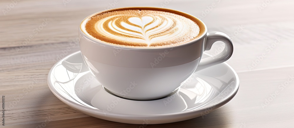 Poster Isolated on white there is a cappuccino with a heart shape The image includes copy space with a clipping path