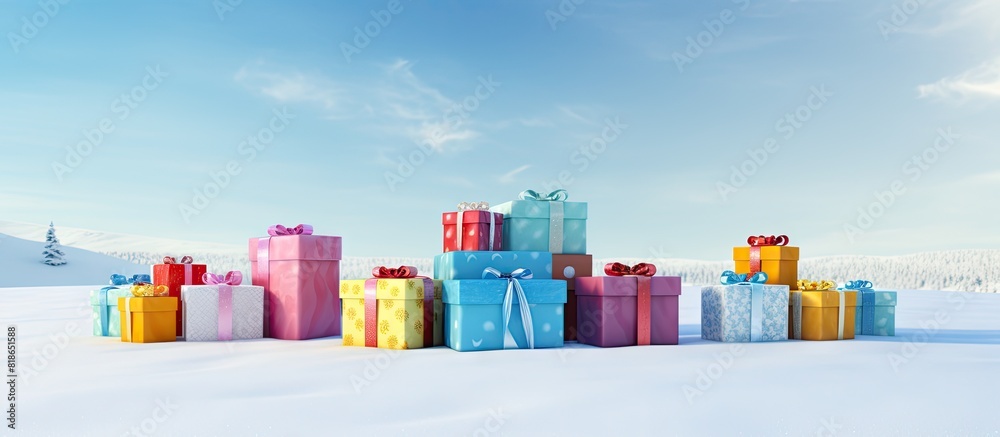 Poster Colorful presents arranged on the snowy ground with some empty space in the image. with copy space image. Place for adding text or design