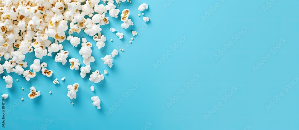 Poster The blue background is covered in scattered popcorn forming a frame This copy space image is perfect for filming movies TV series and cartoons providing a delicious touch and a top down perspective