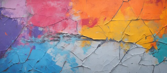 Fototapeta premium Cracked multicolored paint covers a rough textured concrete wall creating a background with a variety of colors. with copy space image. Place for adding text or design