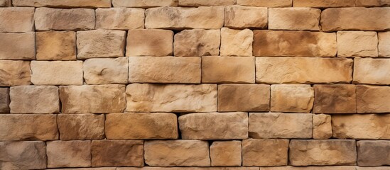 A close up image of the textured and rough light brown or yellow stone wall serves as a background It features an art pattern serving as an abstract concept for wallpaper or other uses
