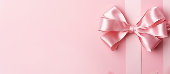 The background for holidays is minimal with a pastel pink bow and ribbon curls on a red backdrop This concept can be used for Valentine s Day Mother s Day birthdays and baby showers The image is take