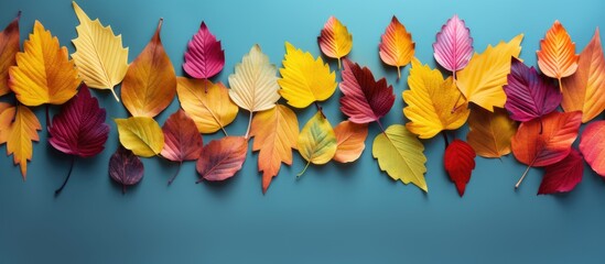 Autumn inspired composition with a background of colorful leaves Presented in a flat lay style leaving room for copy or additional images