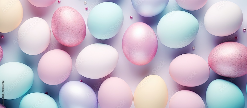 Poster close up of easter eggs with pastel colors arranged for the celebration creating a beautiful flat la