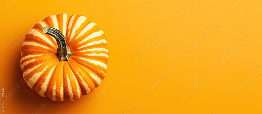 Poster autumn themed flat lay with a small striped pumpkin placed on yellow paper the image conveys the ess