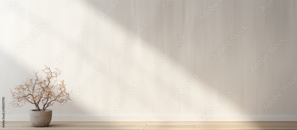 Poster Empty copy space image of a wooden plank on a white wall background illuminated by sunlight casting a tree shadow Ideal for presenting products in a mockup scene