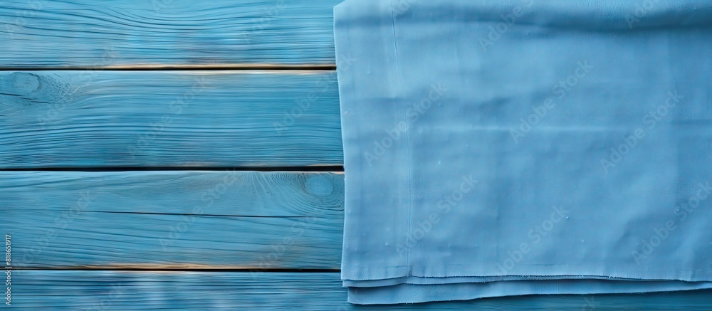 Poster a kitchen cloth napkin is placed on a blue wooden background providing ample copy space for addition