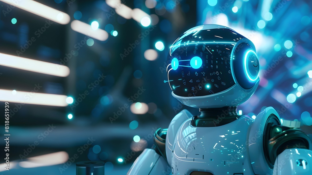 Poster a robot seamlessly incorporating ai technologies like machine learning and computer vision, with glo