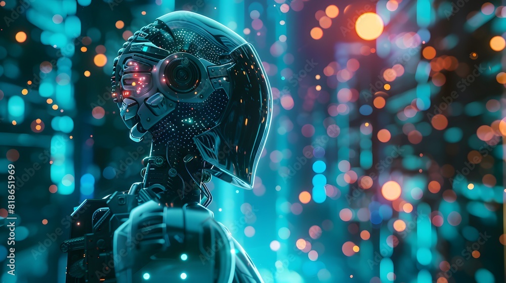 Poster a robot seamlessly incorporating ai technologies like machine learning and computer vision, with glo