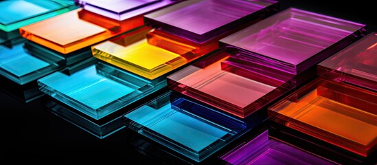 A close up look at vibrantly colored stamping pads against a black background with plenty of empty space for text or other elements. with copy space image. Place for adding text or design