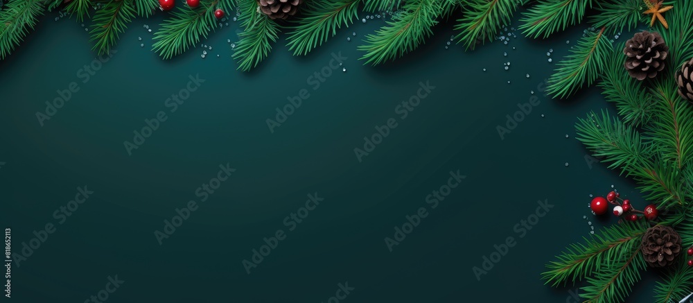 Poster festive christmas border with stylish decorations confetti and fir branches on a green background a 