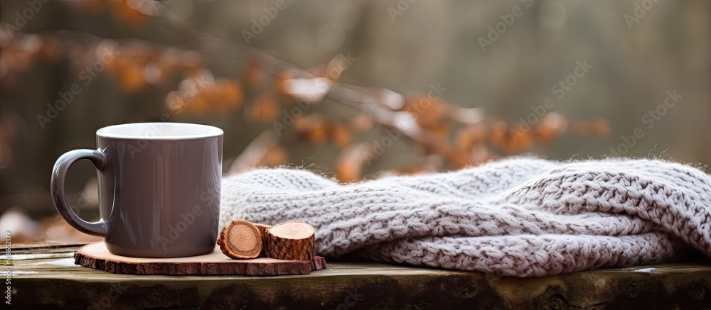 Aufkleber horizontal copy space image of an empty enamel mug on a tree stump adorned with a warm scarf perfect