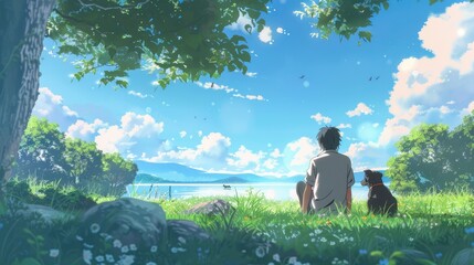 Fototapeta premium Cartoon man and his dog sitting on the grass looking at the view, AI generated Image