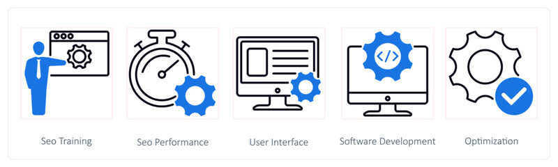 A set of 5 Seo icons as seo training, seo performance, user interface