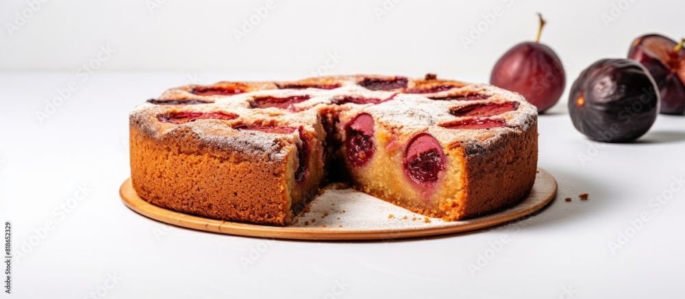 Poster a homemade plum cake is showcased on a light background providing ample copy space for additional co