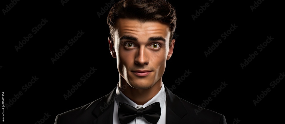 Aufkleber Copy space image of a funny and emotionally expressive young man wearing a black bow tie isolated on a black background
