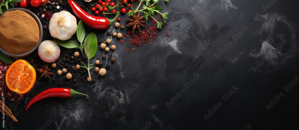 Poster Top view of a cooking background with black stone spices and vegetables There is ample free space for your text in the image