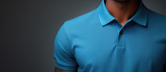 The image portrays a young attractive African man in a blue polo shirt The background is a gray studio setting with ample empty space