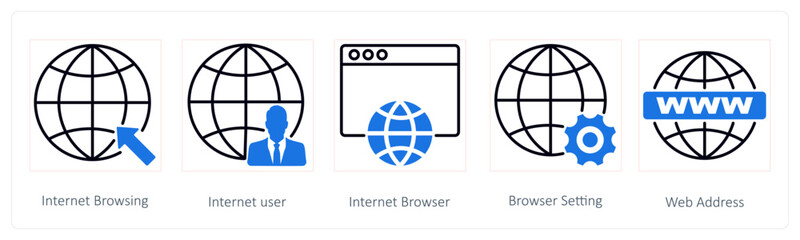 A set of 5 Seo icons as internet browsing, internet user, internet browser