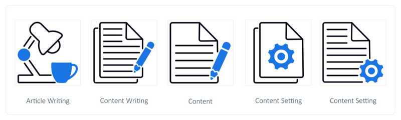 A set of 5 Seo icons as article writing, content writing, content