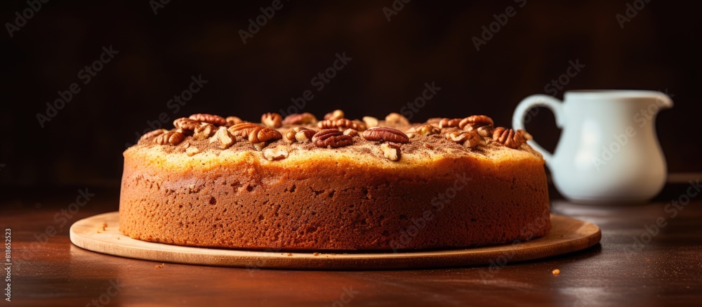 Poster An image of a homemade coffee flavored sponge cake with a pecan nut topping providing plenty of copy space