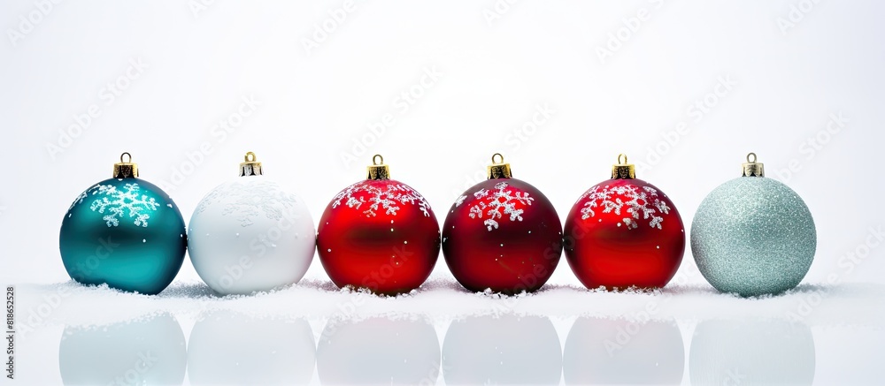 Poster A copy space image featuring isolated Christmas colored balls on a snowy background representing the concept of a Christmas background