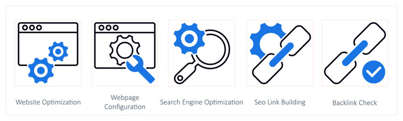 A set of 5 Seo icons as website optimization, website configuration, search engine optimization
