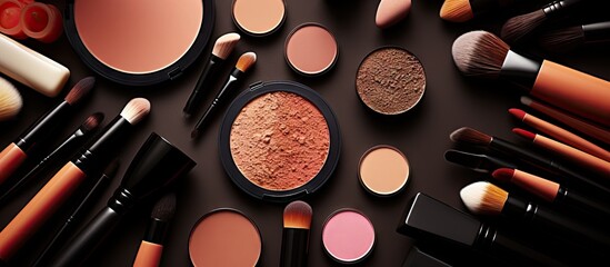 Close up image featuring a collection of cosmetics tailored for professional make up artists Copy space available