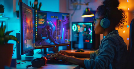 Naklejka premium Digital Diva: Black Woman's Creative Workspace