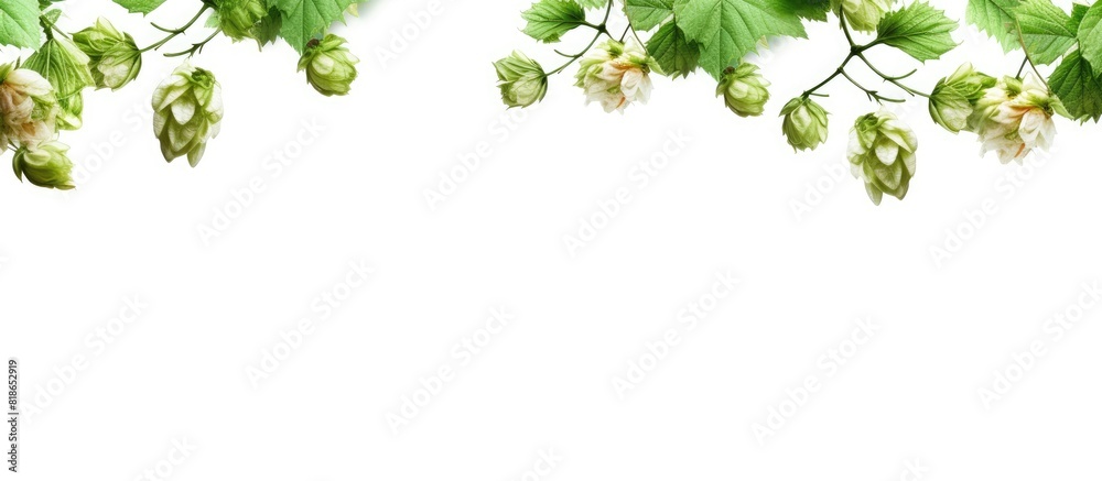 Poster Isolated on a white background a frame adorned with fresh hop branches creates a captivating copy space image