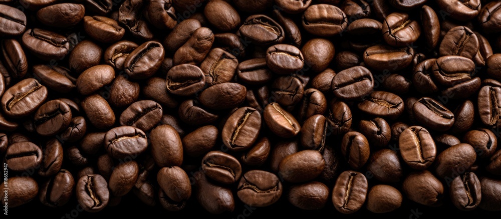 Poster The macro image of isolated roasted coffee beans against a white background offers a textured backdrop with plenty of copy space for accompanying text