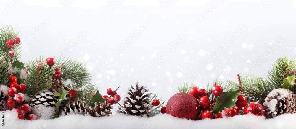 Poster isolated christmas background featuring a variety of colorful ornaments gift boxes berries and fir b