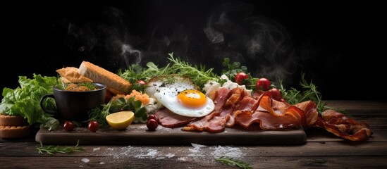 English breakfast including a boiled egg jamon waffles and green herbs can be seen in the copy space image