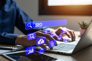 SEO, Search Engine Optimization Man taps search bar on virtual screen to search for information...