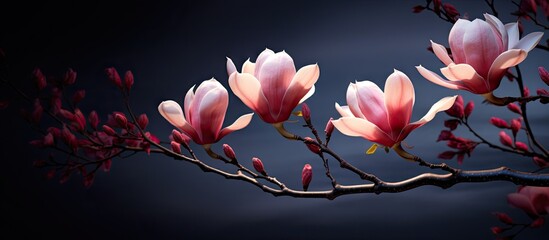 The maroon magnolia flowers stand out in the sunlight creating a striking contrast with the dark...