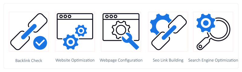 A set of 5 Seo icons as backlink check, website optimization, website configuration