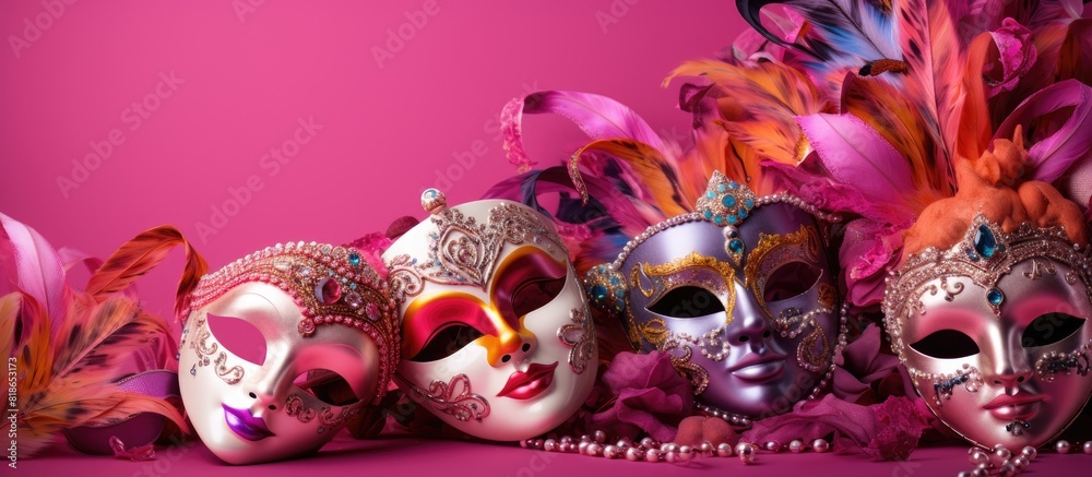 Aufkleber carnival masks placed against a vibrant pink backdrop creating an isolated copy space image